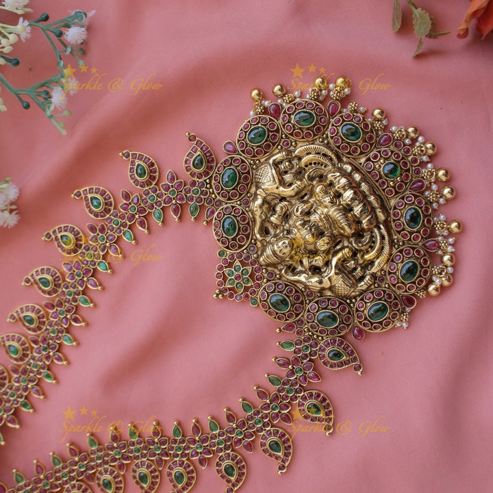 Exquisite Lakshmi elephant carved mango kemp stone haram with pearl and gold beads - red green - Sparkle and Glow - Whitegreen - Back Thread