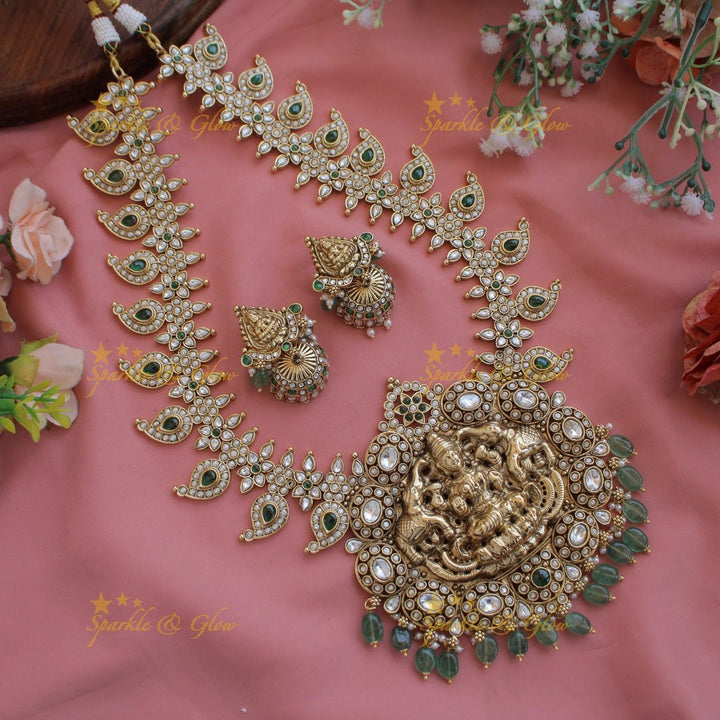 Exquisite Lakshmi elephant carved mango kemp stone haram with pearl and gold beads - red green - Sparkle and Glow - Whitegreen - Back Thread