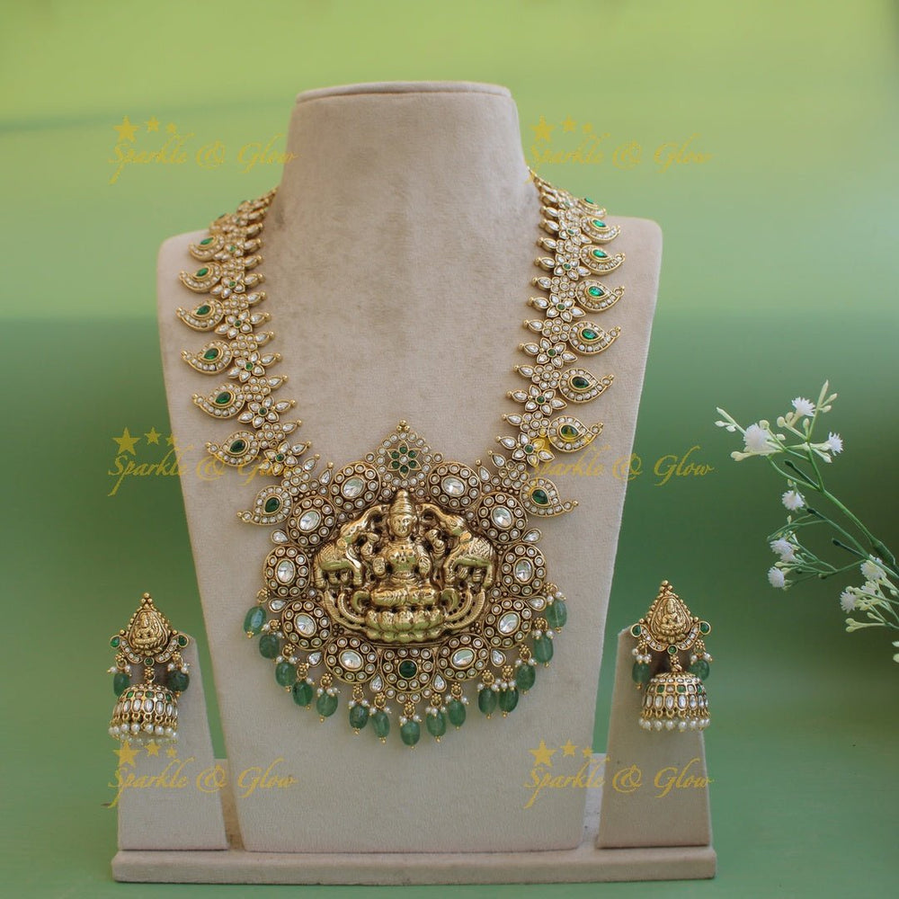 Exquisite Lakshmi elephant carved mango kemp stone haram with pearl and gold beads - red green - Sparkle and Glow - Whitegreen - Back Thread