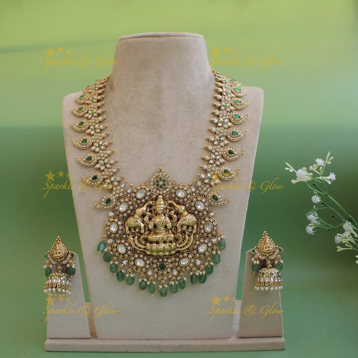 Exquisite Lakshmi elephant carved mango kemp stone haram with pearl and gold beads - red green - Sparkle and Glow - Whitegreen - Back Thread
