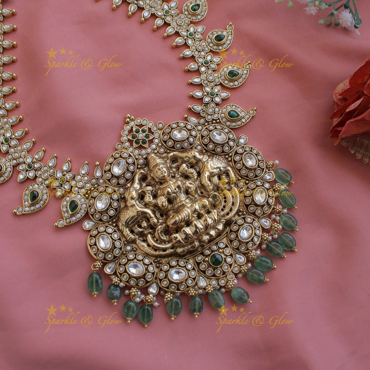 Exquisite Lakshmi elephant carved mango kemp stone haram with pearl and gold beads - red green - Sparkle and Glow - Redgreen - Back Thread