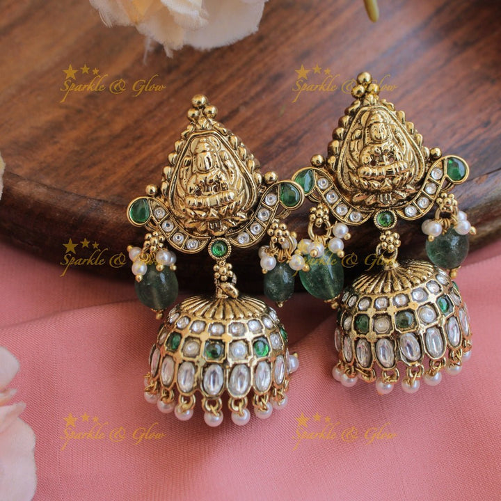 Exquisite Lakshmi elephant carved mango kemp stone haram with pearl and gold beads - red green - Sparkle and Glow - Whitegreen - Back Thread