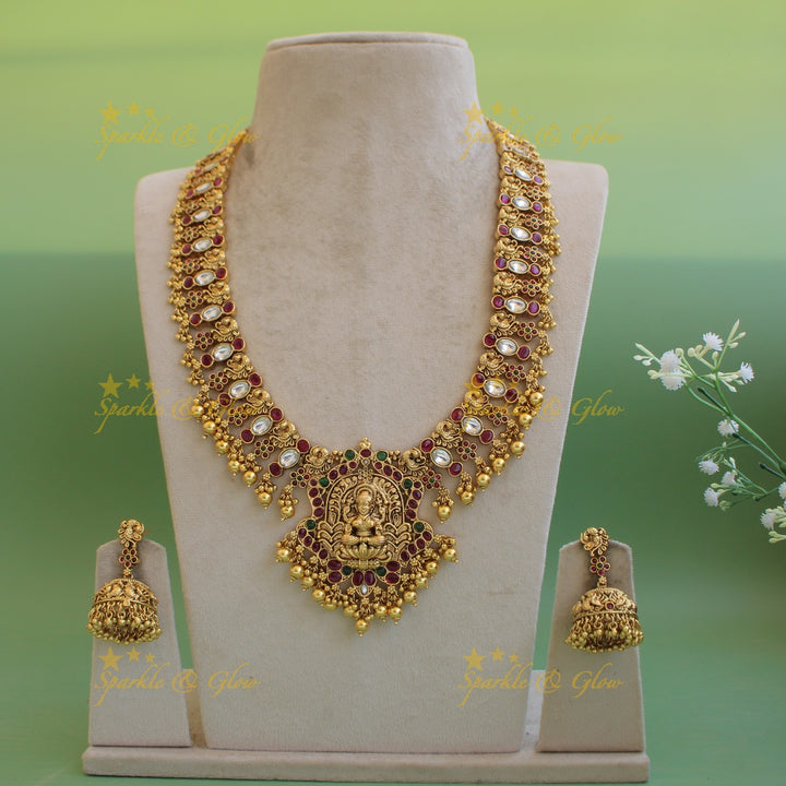 Grand intricate Lakshmi peacock carved kemp stone long necklace with gold beads