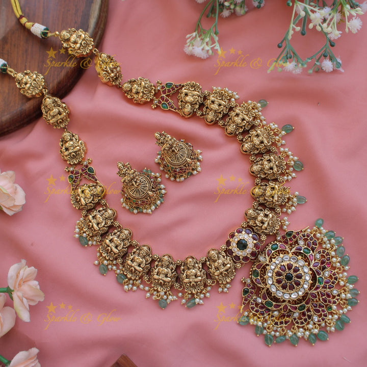 Gorgeous Lakshmi peacock floral kemp stone long necklace with pearls and mint green beads