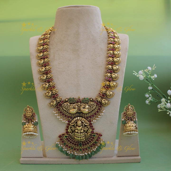 Statement Lakshmi peacock carved mango kemp stone long necklace with mint green beads