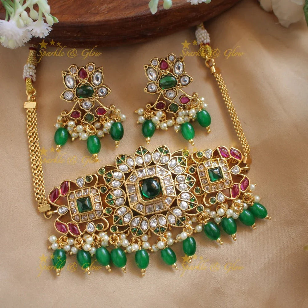 Statement Floral leaf design kemp stone choker with green beads - Sparkle and Glow