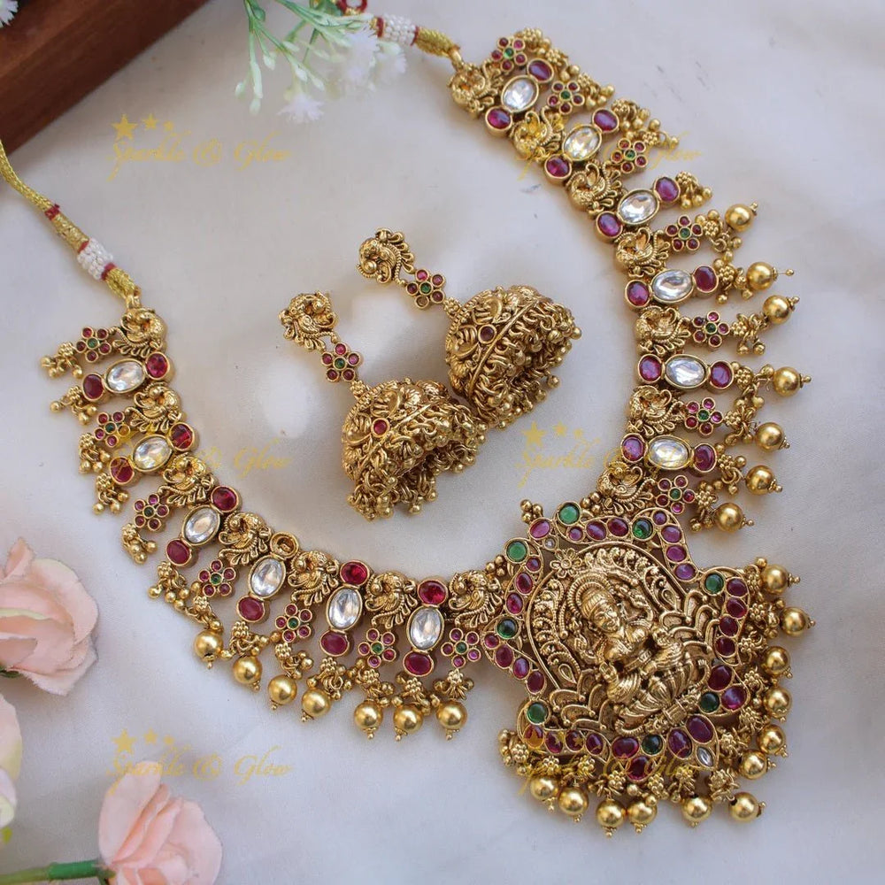 Grand intricate Lakshmi peacock carved kemp stone short necklace with gold beads - Sparkle and Glow
