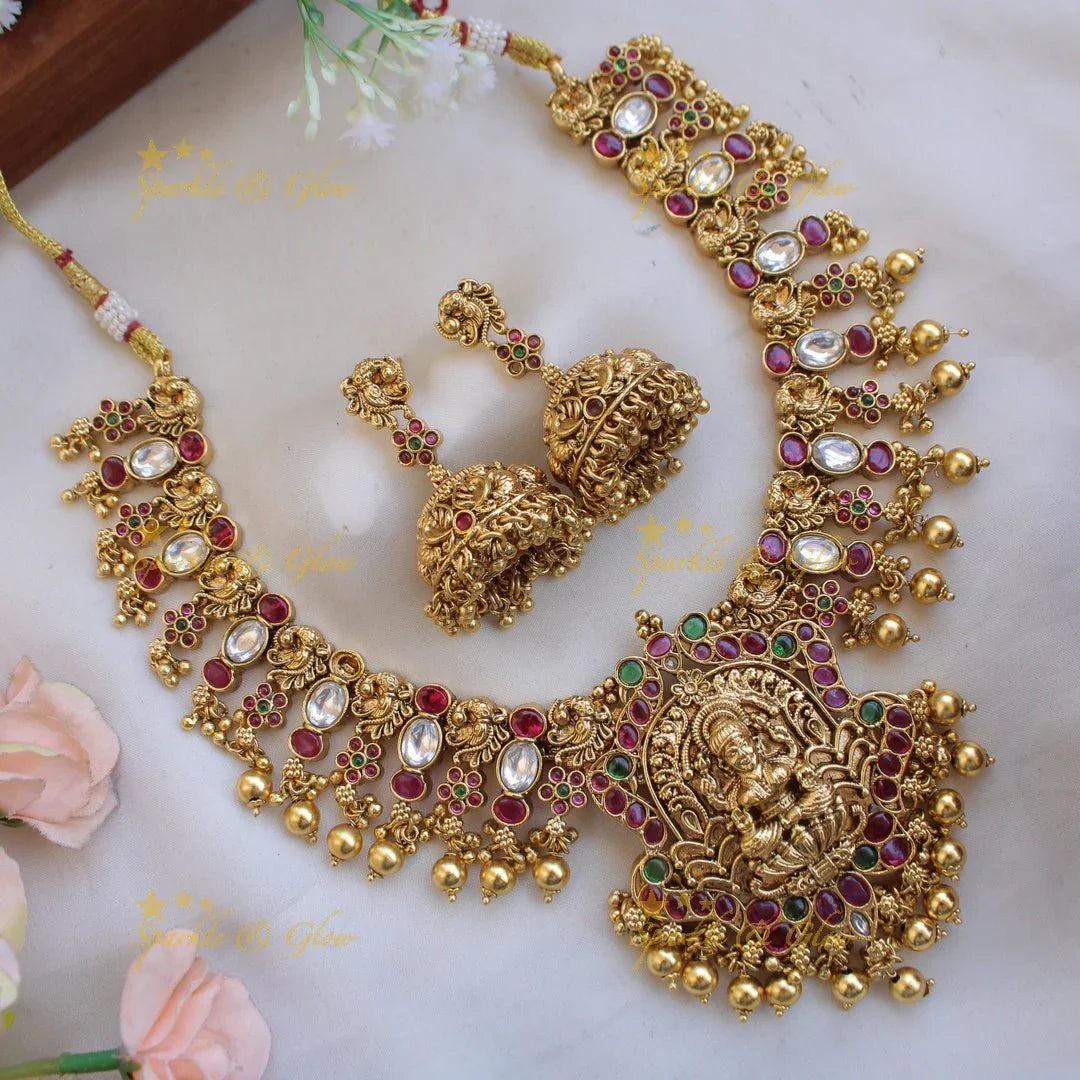 Grand intricate Lakshmi peacock carved kemp stone short necklace with gold beads - Sparkle and Glow