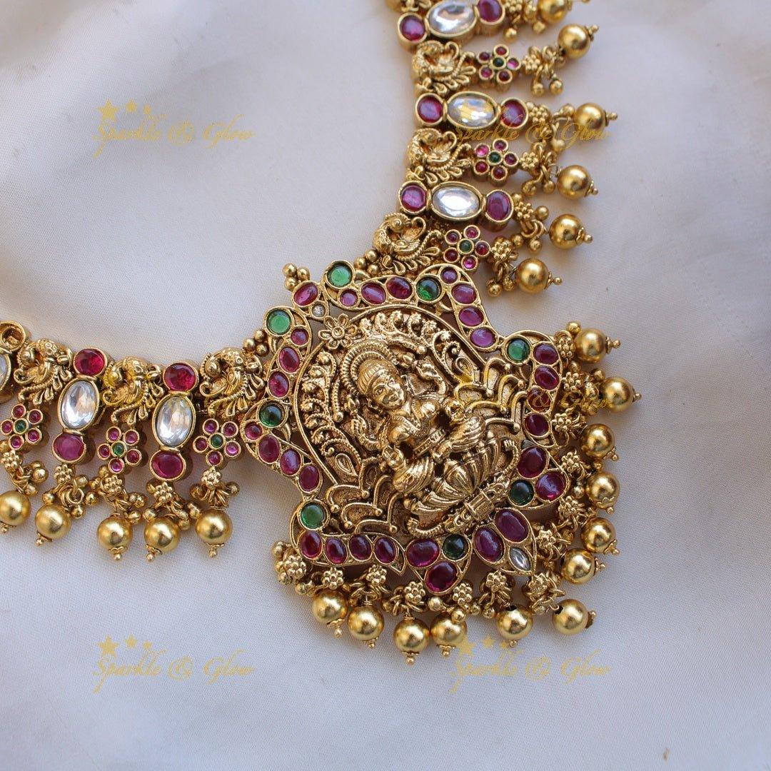 Grand intricate Lakshmi peacock carved kemp stone short necklace with gold beads - Sparkle and Glow