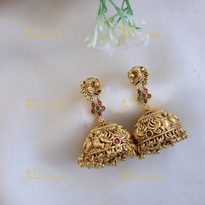 Grand intricate Lakshmi peacock carved kemp stone short necklace with gold beads - Sparkle and Glow