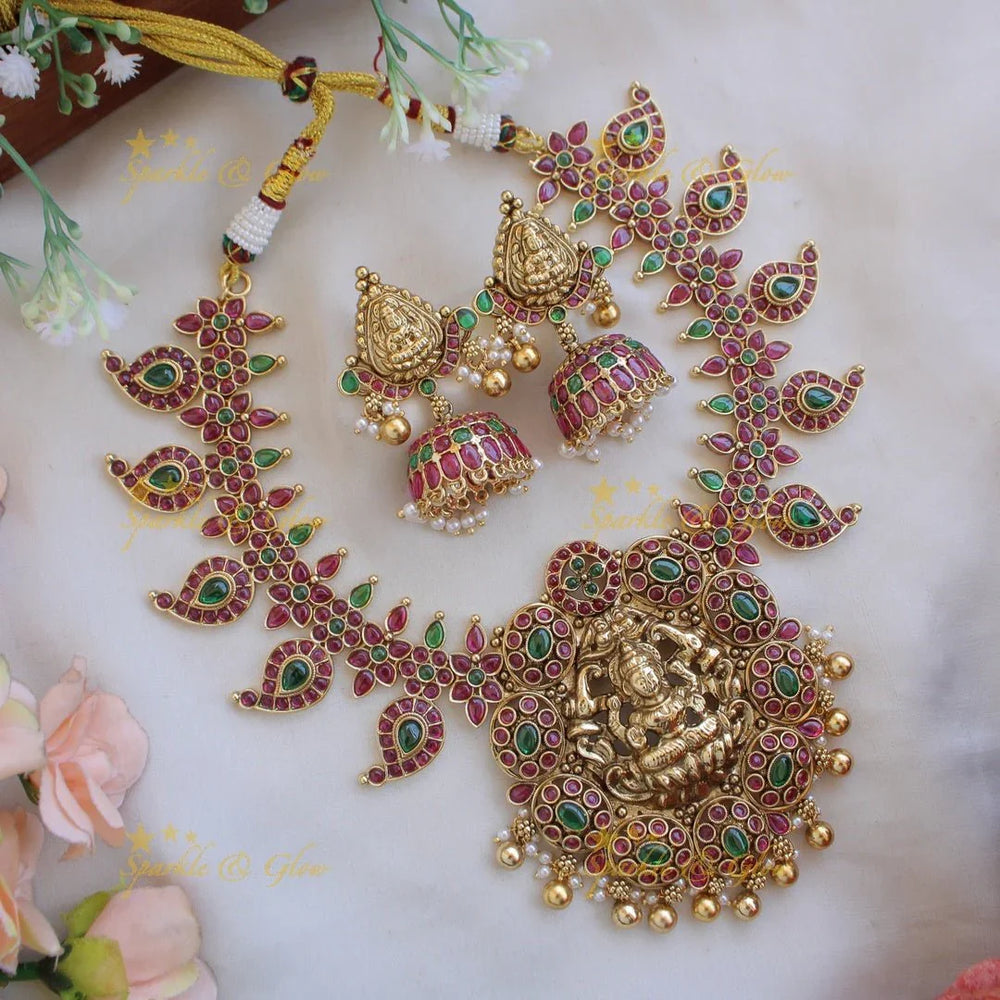 Exquisite Lakshmi elephant carved mango kemp stone short necklace with gold beads - red green - Sparkle and Glow