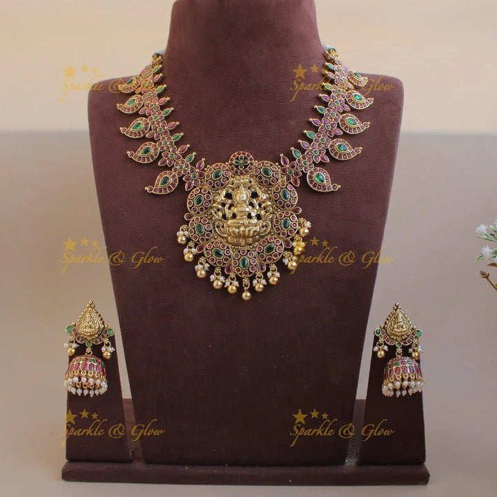 Exquisite Lakshmi elephant carved mango kemp stone short necklace with gold beads - red green - Sparkle and Glow