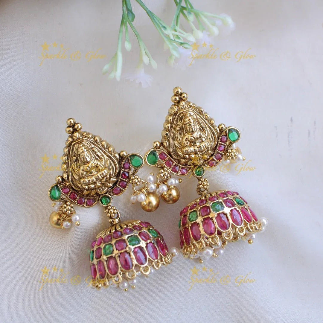 Exquisite Lakshmi elephant carved mango kemp stone short necklace with gold beads - red green - Sparkle and Glow