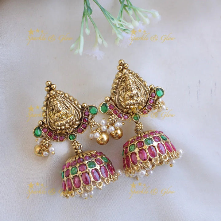 Exquisite Lakshmi elephant carved mango kemp stone short necklace with gold beads - red green - Sparkle and Glow