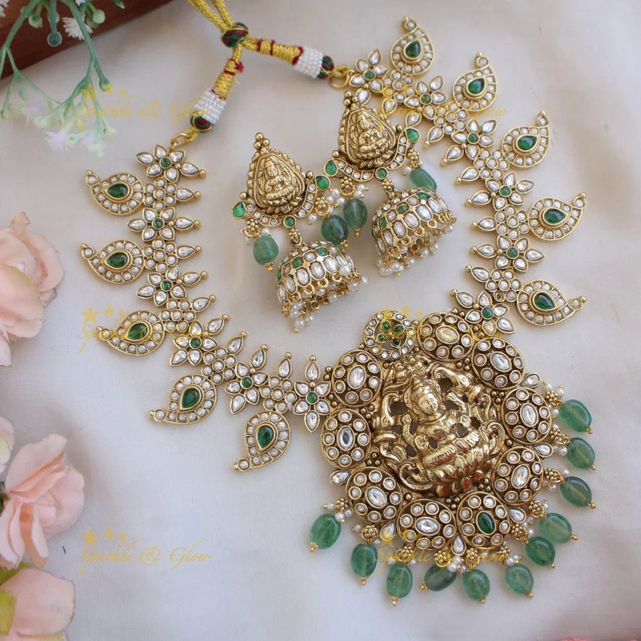 Exquisite Lakshmi elephant carved mango kemp stone short necklace with gold beads - red green - Sparkle and Glow