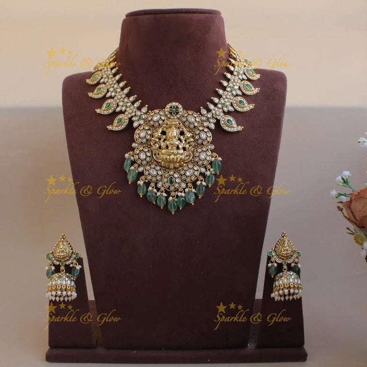 Exquisite Lakshmi elephant carved mango kemp stone short necklace with gold beads - red green - Sparkle and Glow