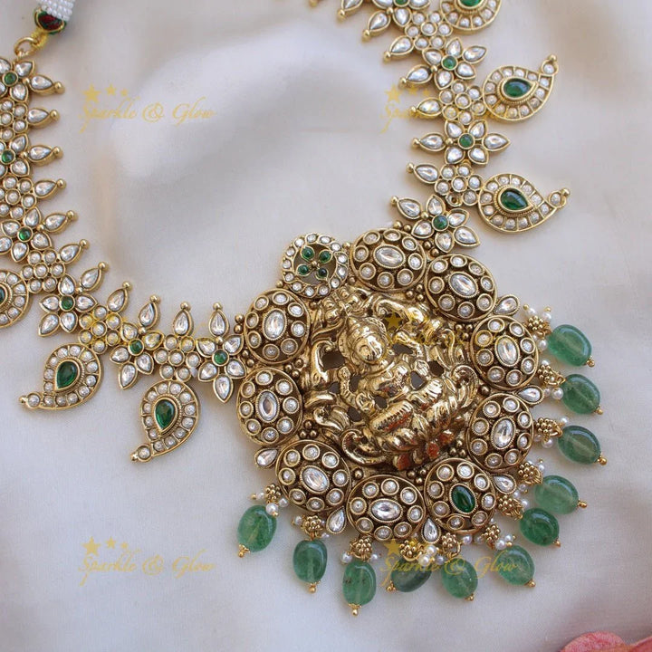 Exquisite Lakshmi elephant carved mango kemp stone short necklace with gold beads - red green - Sparkle and Glow
