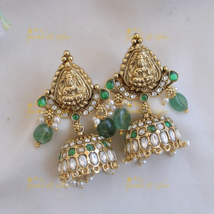 Exquisite Lakshmi elephant carved mango kemp stone short necklace with gold beads - red green - Sparkle and Glow