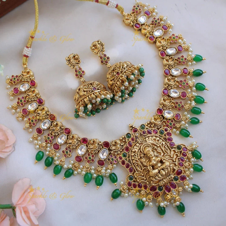 Grand intricate Lakshmi peacock carved kemp stone short necklace with gold beads - Sparkle and Glow