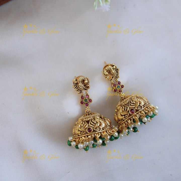 Grand intricate Lakshmi peacock carved kemp stone short necklace with gold beads - Sparkle and Glow
