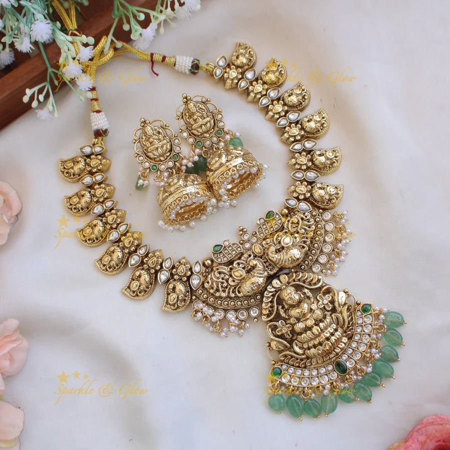 Elegant Lakshmi peacock carved mango kemp stone long necklace with mint green beads - white green - Sparkle and Glow