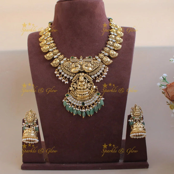 Elegant Lakshmi peacock carved mango kemp stone long necklace with mint green beads - white green - Sparkle and Glow