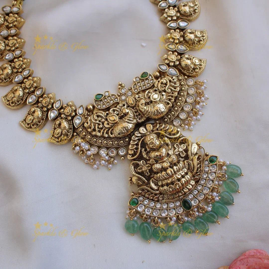 Elegant Lakshmi peacock carved mango kemp stone long necklace with mint green beads - white green - Sparkle and Glow