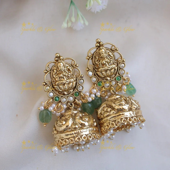 Elegant Lakshmi peacock carved mango kemp stone long necklace with mint green beads - white green - Sparkle and Glow