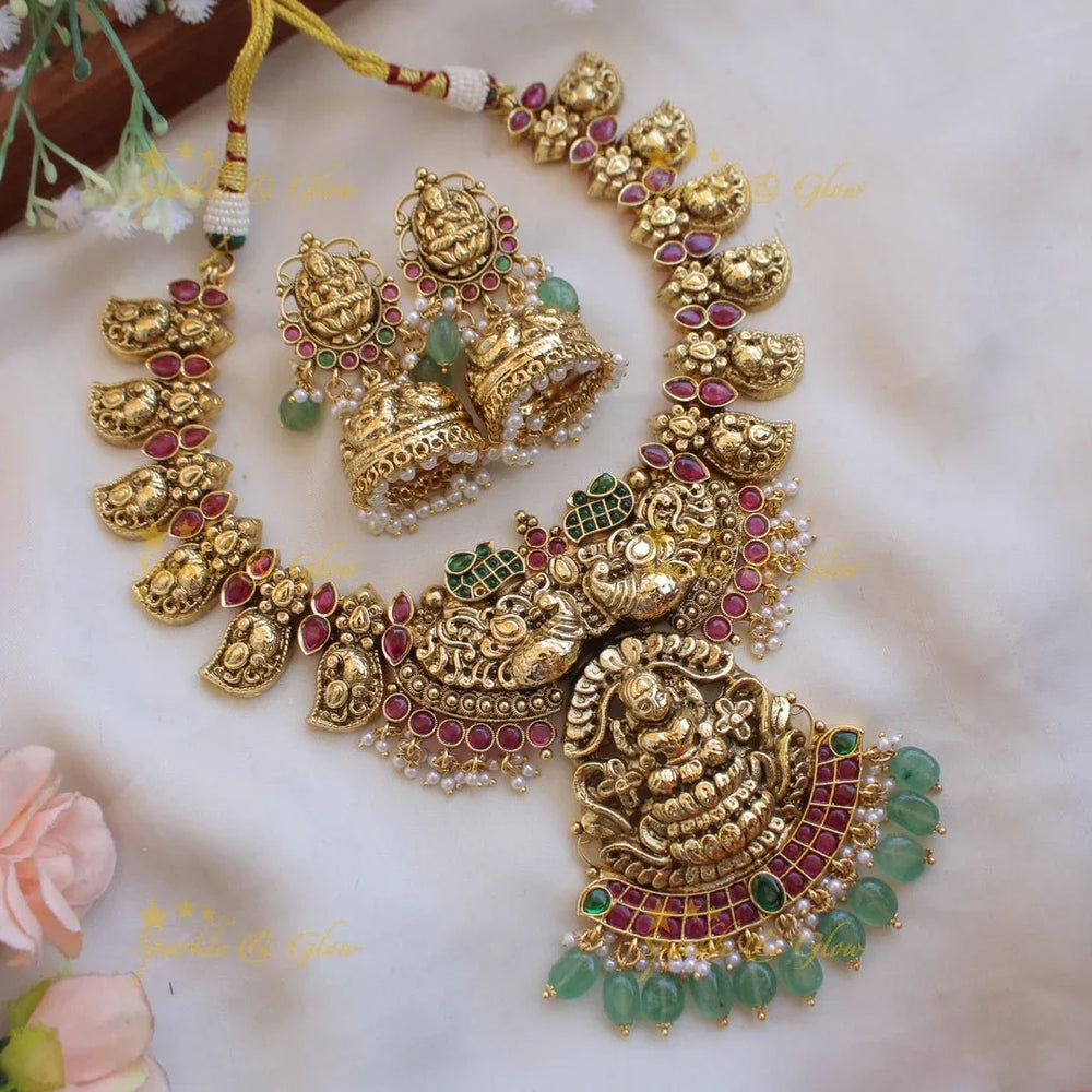 Elegant Lakshmi peacock carved mango kemp stone long necklace with mint green beads - white green - Sparkle and Glow