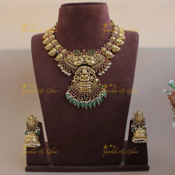 Elegant Lakshmi peacock carved mango kemp stone long necklace with mint green beads - white green - Sparkle and Glow