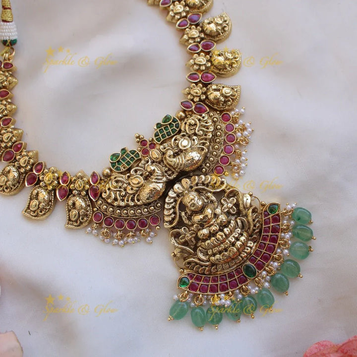 Elegant Lakshmi peacock carved mango kemp stone long necklace with mint green beads - white green - Sparkle and Glow