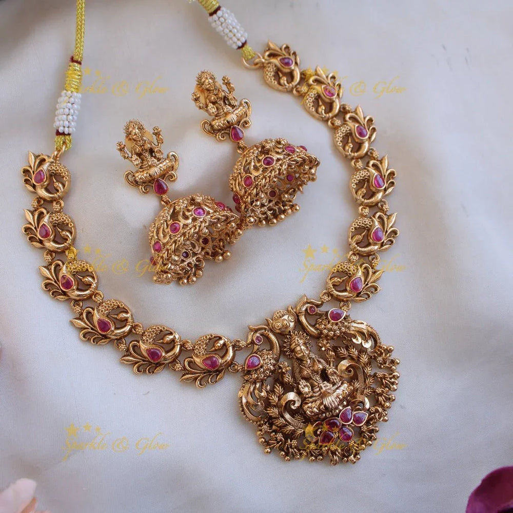 Elegant Lakshmi peacock carved kemp stone short necklace with gold beads and ruby - Sparkle and Glow