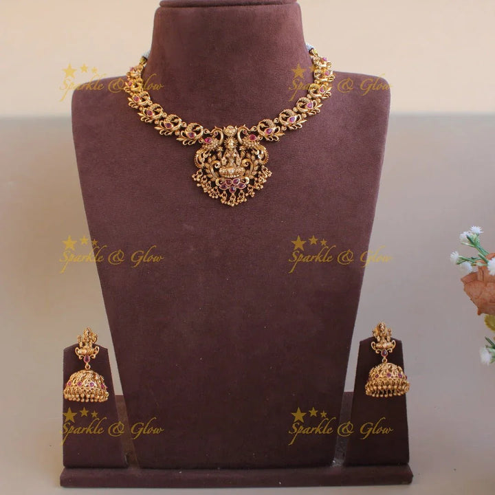 Elegant Lakshmi peacock carved kemp stone short necklace with gold beads and ruby - Sparkle and Glow
