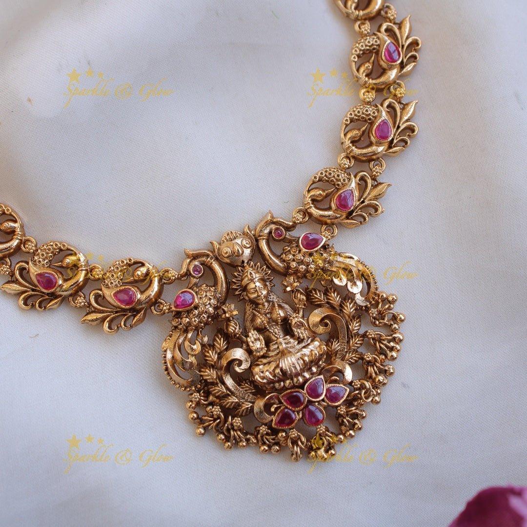 Elegant Lakshmi peacock carved kemp stone short necklace with gold beads and ruby - Sparkle and Glow