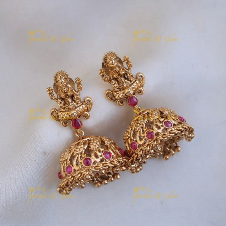 Elegant Lakshmi peacock carved kemp stone short necklace with gold beads and ruby - Sparkle and Glow
