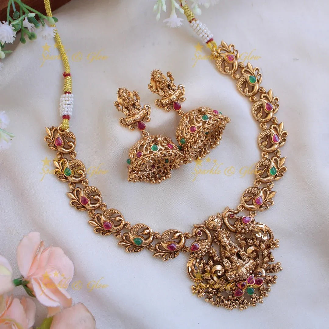 Elegant Lakshmi peacock carved kemp stone short necklace with gold beads and ruby - Sparkle and Glow