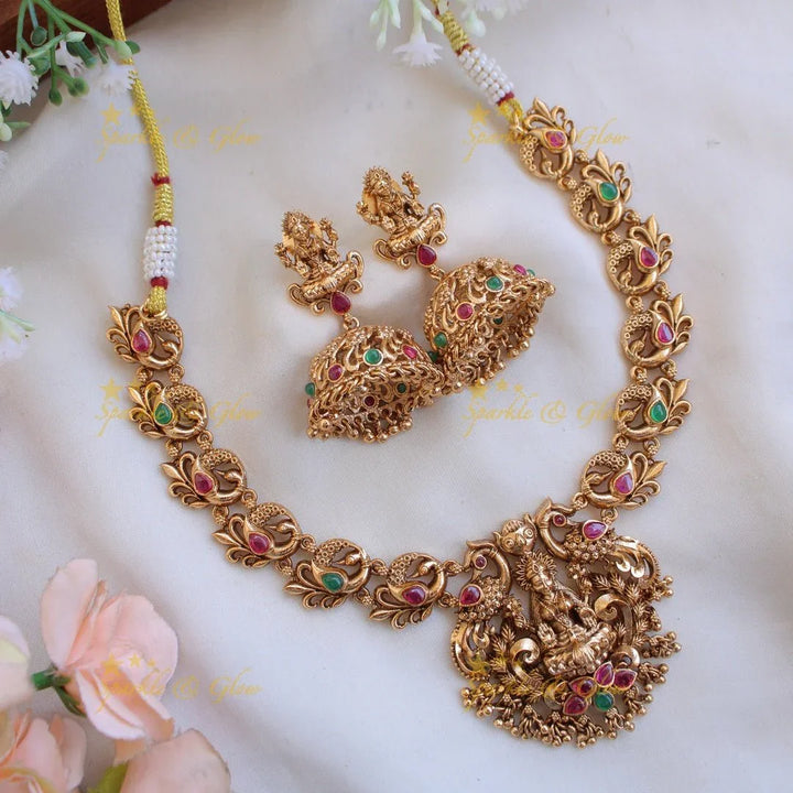 Elegant Lakshmi peacock carved kemp stone short necklace with gold beads and ruby - Sparkle and Glow