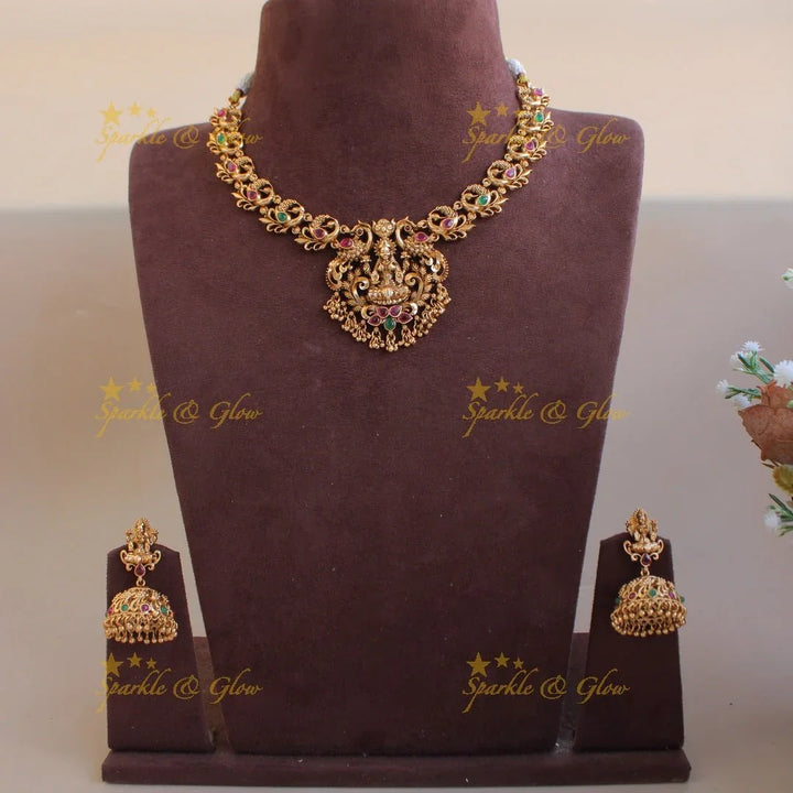 Elegant Lakshmi peacock carved kemp stone short necklace with gold beads and ruby - Sparkle and Glow