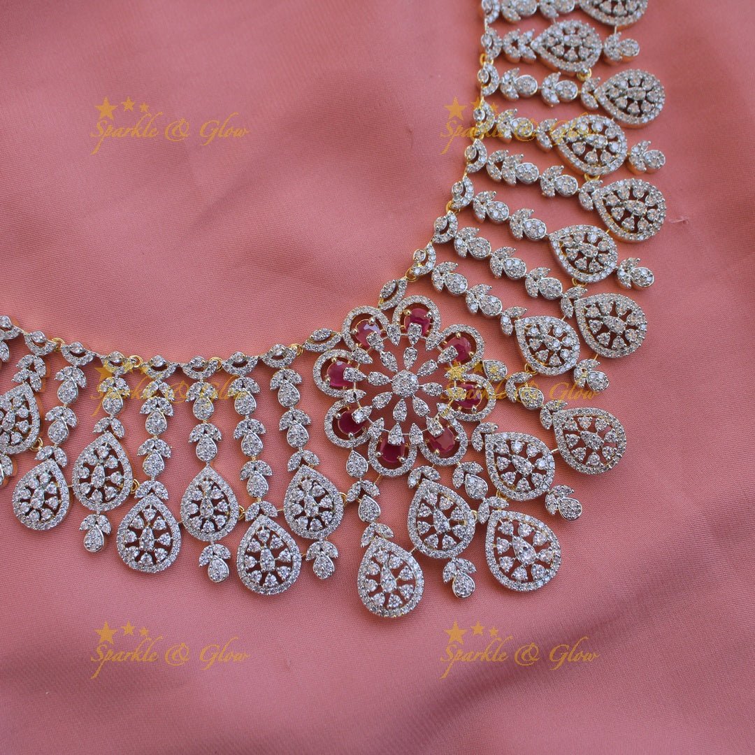 Exclusive floral leaflet drop American diamond Short necklace with Pink stones - Sparkle and Glow - Green - Back Thread