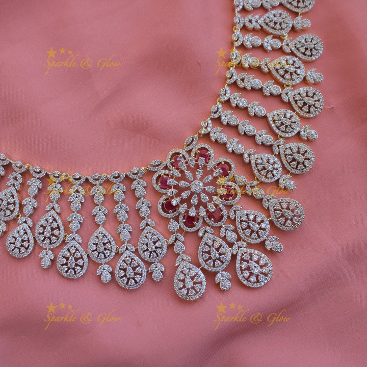 Exclusive floral leaflet drop American diamond Short necklace with Pink stones - Sparkle and Glow - Green - Back Thread