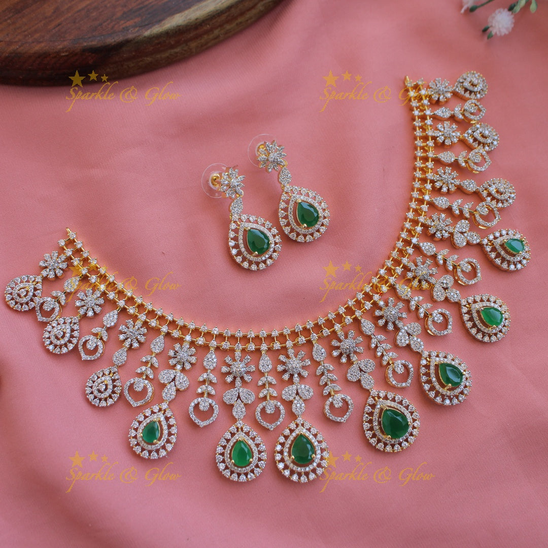 Elegant Floral leaflet design American diamond short necklace with emeralds