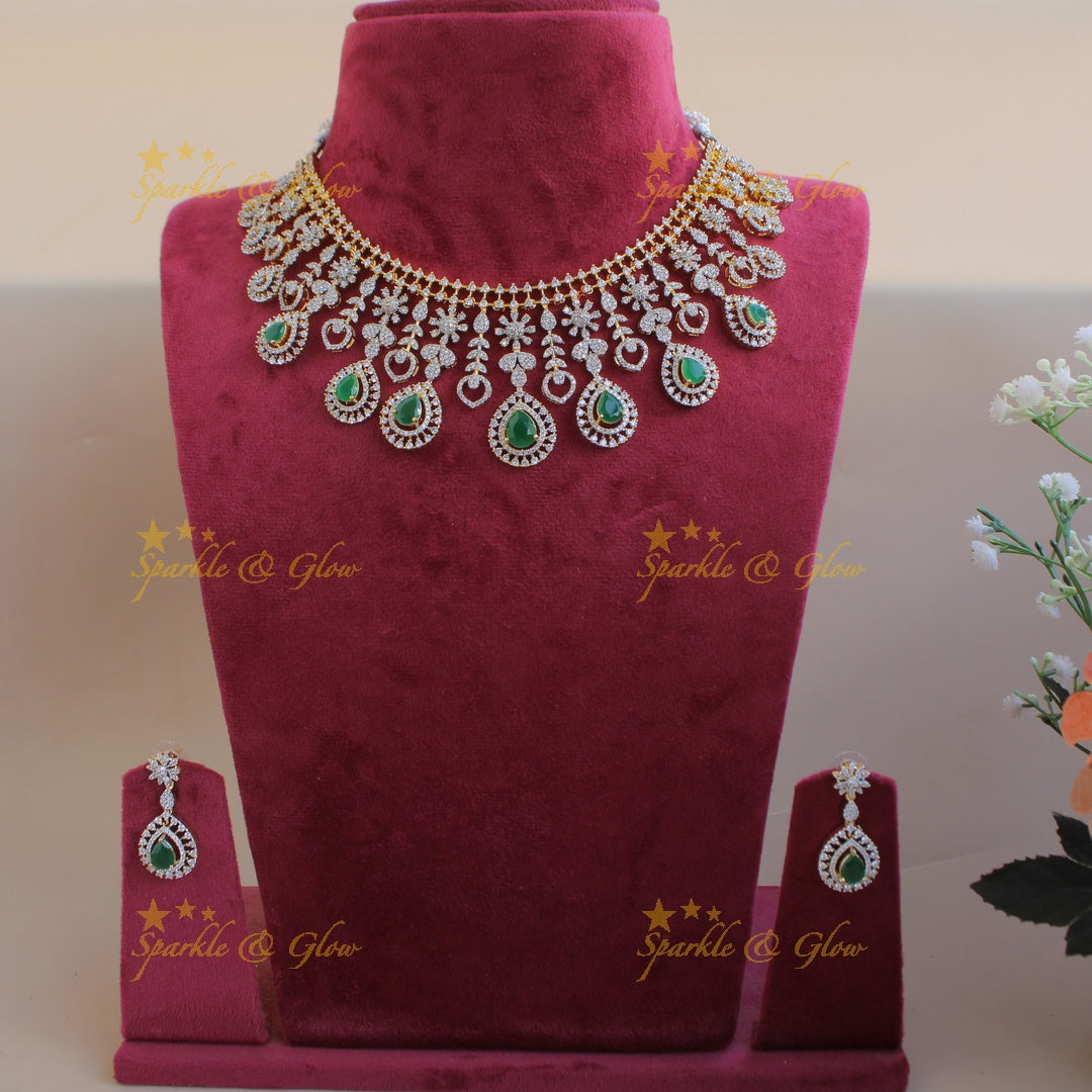 Elegant Floral leaflet design American diamond short necklace with emeralds
