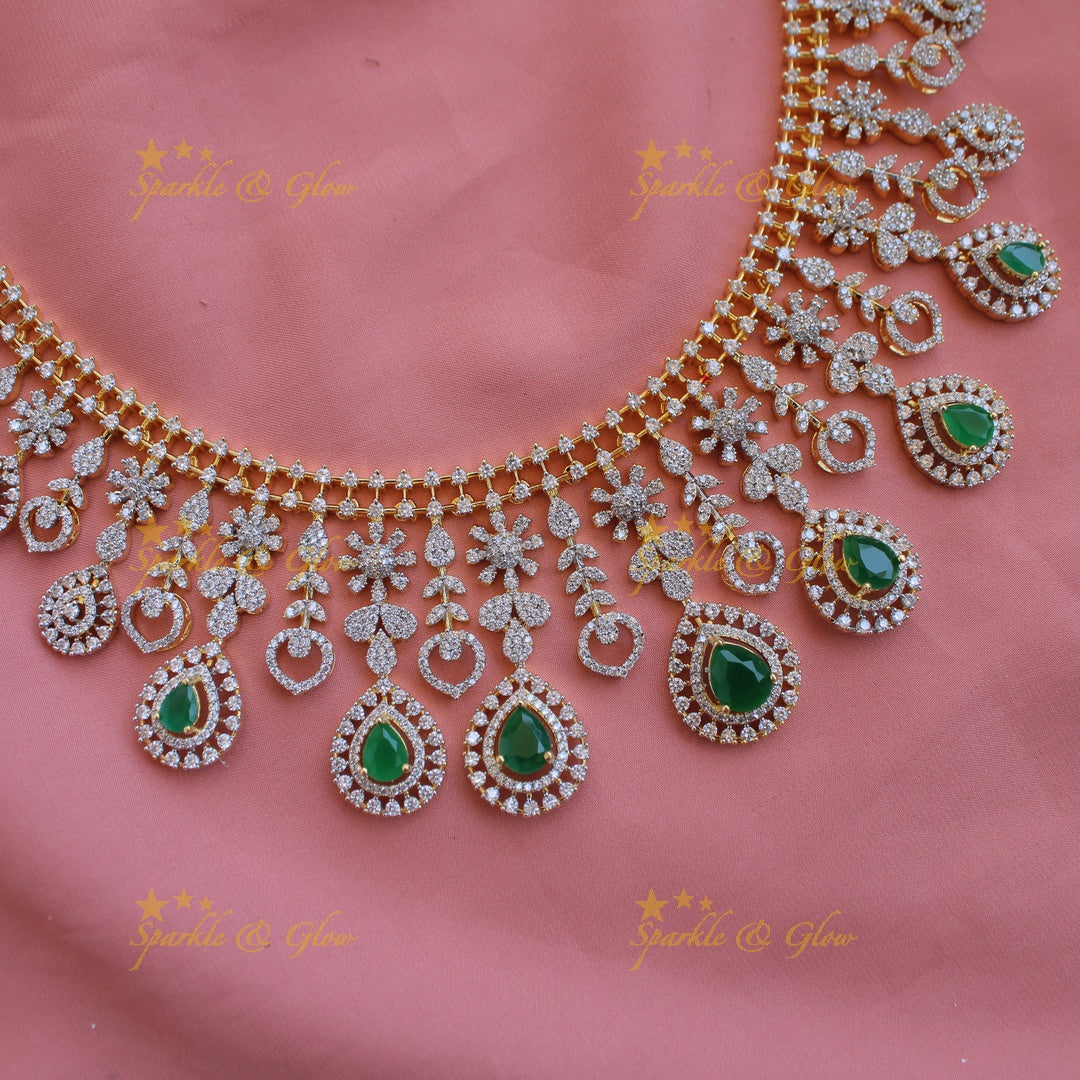 Elegant Floral leaflet design American diamond short necklace with emeralds