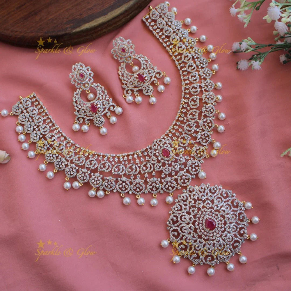 Elegant flower leaflet design American diamond Short necklace with AD Ruby - pink - Sparkle and Glow