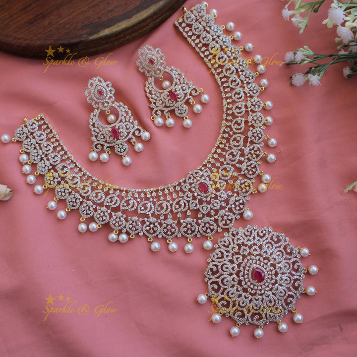 Elegant flower leaflet design American diamond Short necklace with AD Ruby - pink - Sparkle and Glow - Pink - Back Thread