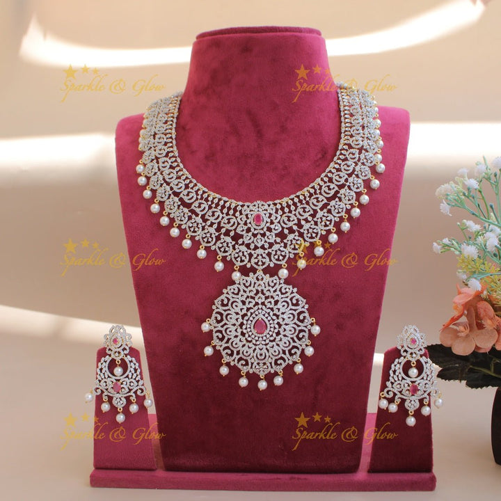 Elegant flower leaflet design American diamond Short necklace with AD Ruby - pink - Sparkle and Glow - Pink - Back Thread