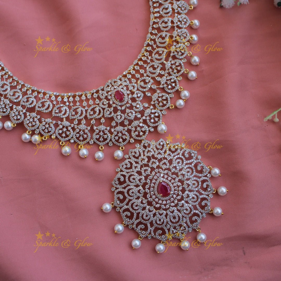 Elegant flower leaflet design American diamond Short necklace with AD Ruby - pink - Sparkle and Glow - Green - Back Thread