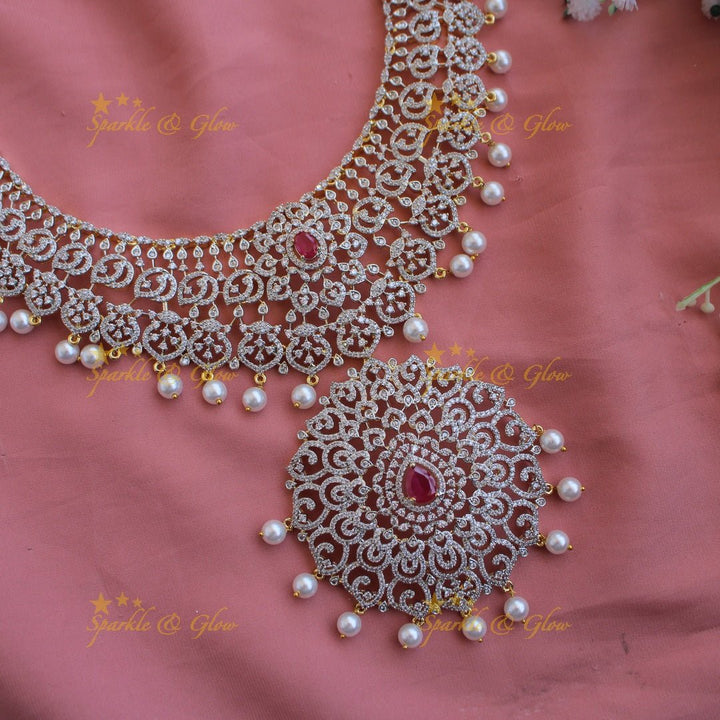 Elegant flower leaflet design American diamond Short necklace with AD Ruby - pink - Sparkle and Glow - Green - Back Thread