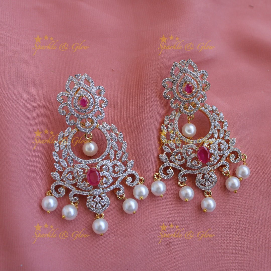 Elegant flower leaflet design American diamond Short necklace with AD Ruby - pink - Sparkle and Glow - Pink - Back Thread