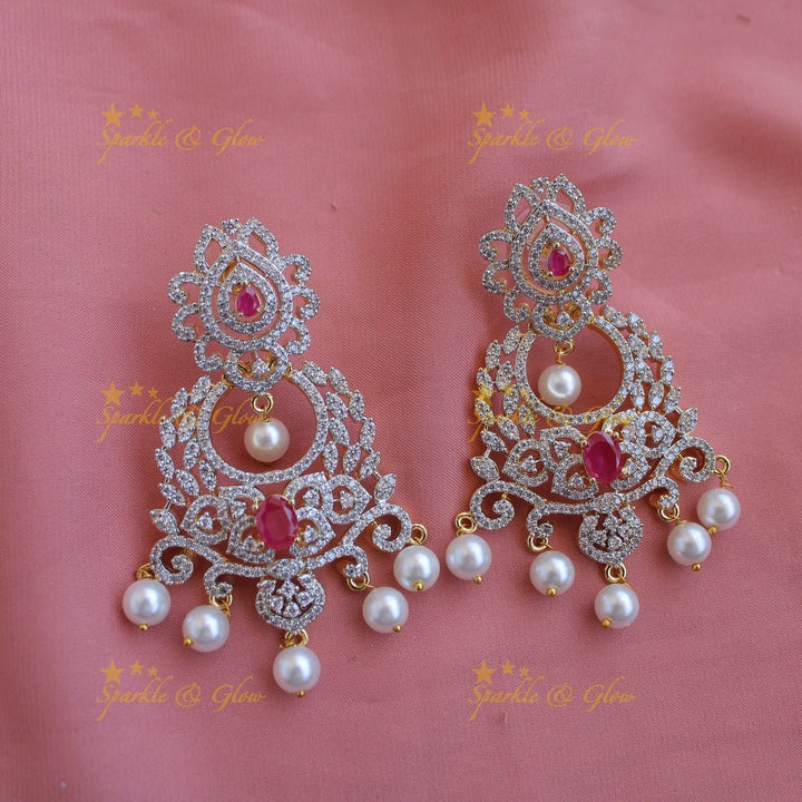 Elegant flower leaflet design American diamond Short necklace with AD Ruby - pink - Sparkle and Glow - Pink - Back Thread